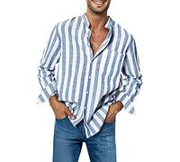 Camisas de manga larga para hombre, a rayas, casual, a rayas, cuello con hebilla, bolsillo, camisa de manga larga, ligera, para primavera y verano, camisas con cuello en V, camisas con botones para