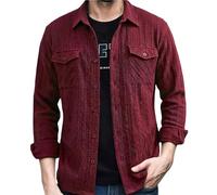 Camisas de manga larga para hombre, con textura, ligera, con botones, con bolsillo, Vino, L