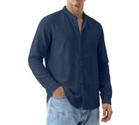 Camisas de manga larga para hombre, cuello de abuelo con botones, casual, ajuste regular, ligeras, azul marino, XL