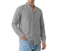 Camisas de manga larga para hombre, cuello de abuelo con botones, casual, ajuste regular, ligeras, gris, XXL