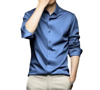 Camisa de manga larga para hombre, lisa, ajustada, informal, formal, de seda, azul, 5XL
