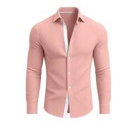 Camisas de manga larga para hombre, diseño de gofre, con botones, color de contraste, ligera, informal, ajuste regular, rosa, S