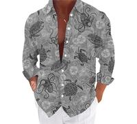 Camisas de manga larga para hombre, estilo casual, camisa de verano para hombre, camisa hawaiana de vacaciones con estampado de botones, ajuste generoso, estilo rústico, ropa casual original, gris