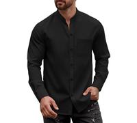 Camisas de manga larga para hombre, manga larga, cuello redondo, camisa de ocio, camisa de verano de un solo pecho para hombres, corte relajado, manga larga transpirable, Negro , L