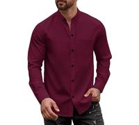 Camisas de manga larga para hombre, manga larga, cuello redondo, camisa de ocio, camisa de verano de un solo pecho para hombres, corte relajado, manga larga transpirable, Vino, M