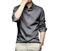Camisas de manga larga para hombre, sólidas, ajuste ceñido, casuales, formales, de negocios, de seda, gris oscuro, M