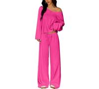 Camisas de manga larga para mujer, hombros descubiertos, ajuste holgado, pantalones de pierna ancha, conjuntos suaves de dos piezas con hombros descubiertos para mujer, hot pink, XXL
