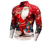 Camisas De Navidad para Hombre Manga Larga Tiempo Libre 3D Camisa Patrón con Botones Talla Grande Vacaciones Moda Tops Navidad Acción de Gracias Camiseta Estampada (Red-2, XXL)