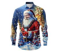 Camisas De Navidad para Hombre Manga Larga Tiempo Libre 3D Camisa Patrón con Botones Talla Grande Vacaciones Moda Tops Navidad Acción de Gracias Camiseta Estampada (c-Blue, S)