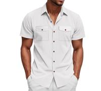 Camisas de pana para hombre, manga corta, cuello de campamento, guayabera cubana, con doble bolsillo, camisetas hawaianas con botones de verano, Z01-camisas hawaianas blancas para hombre, M