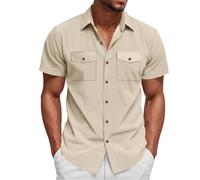 Camisas de pana para hombre, manga corta, cuello de campamento, guayabera cubana, con doble bolsillo, camisetas hawaianas con botones de verano, Z01-Camisas hawaianas beige para hombre, S