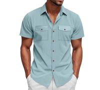 Camisas de pana para hombre, manga corta, cuello de campamento, guayabera cubana, con doble bolsillo, camisetas hawaianas con botones de verano, Z01-camisas hawaianas azul claro para hombre, XL