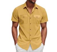 Camisas de pana para hombre, manga corta, cuello de campamento, guayabera cubana, con doble bolsillo, camisetas hawaianas con botones de verano, Z01-camisas hawaianas amarillas para hombre, L
