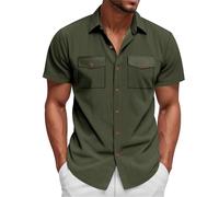 Camisas de pana para hombre, manga corta, cuello de campamento, guayabera cubana, con doble bolsillo, camisetas hawaianas con botones de verano, Z01-camisas hawaianas verdes para hombre, XXL