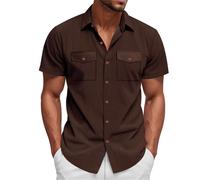 Camisas de pana para hombre, manga corta, cuello de campamento, guayabera cubana, con doble bolsillo, camisetas hawaianas con botones de verano, Z01-camisas hawaianas marrones para hombre, L