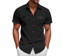 Camisas de pana para hombre, manga corta, cuello de campamento, guayabera cubana, con doble bolsillo, camisetas hawaianas con botones de verano, Z01-camisas hawaianas negras para hombre, M