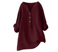 Camisas de primavera de lino para mujer, color sólido, manga 3/4, de algodón, con vuelo, cuello alto, faldas de moda de gran tamaño, gasa arrugada, talla grande, manga larga, ajuste holgado, con