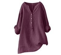 Camisas de primavera de lino para mujer, color sólido, manga 3/4, de algodón, con vuelo, cuello alto, faldas de moda de gran tamaño, gasa arrugada, talla grande, manga larga, ajuste holgado, con