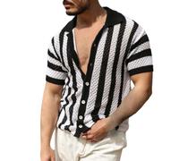 Camisas de punto de manga corta a rayas verdes para hombre, ligeras, transpirables, con botones, elegantes camisas de ganchillo ajustadas con diseño de cuello, ropa de playa casual para hombre, Negro,