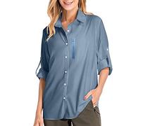Camisas de safari para mujer, protección solar UPF 50+, camisas de pesca, secado rápido, ligeras, ajustables, de manga larga, blusas de viaje para mujer, senderismo, camping, camisas funcionales, azul