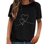 Camisas de San Valentín Mujeres Patrón de Moda de Verano para Día de San Valentín Camiseta Clásica Suelta con Cuello Redondo Camiseta de Moda para Mujer 2024, Negro , XL