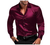 Camisas de satén brillante para hombres de manga larga casual camisas abotonadas años 70 traje disco ajuste camisa de satén similar a la seda fiesta de negocios, C2 Rojo, XL