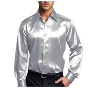 Camisas de satén brillante para hombres de manga larga casual camisas abotonadas años 70 traje disco ajuste camisa de satén similar a la seda fiesta de negocios, C1 gris, L