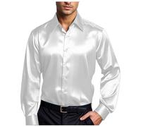 Camisas de satén brillante para hombres de manga larga casual camisas abotonadas años 70 traje disco ajuste camisa de satén similar a la seda fiesta de negocios, C1 blanco, XL