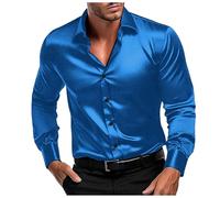 Camisas de satén brillante para hombres de manga larga casual camisas abotonadas años 70 traje disco ajuste camisa de satén similar a la seda fiesta de negocios, C2 Azul, S