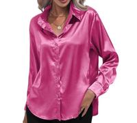 Camisas de seda satinada con botones para mujer, blusa de manga larga con cuello, camisas suaves y elegantes, casuales, para negocios, oficina, trabajo, túnica elegante, hot pink, XXL