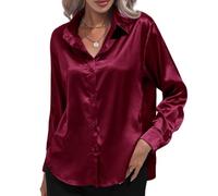 Camisas de seda satinada con botones para mujer, blusa de manga larga con cuello, camisas suaves y elegantes, casuales, para negocios, oficina, trabajo, túnica elegante, granate, XL