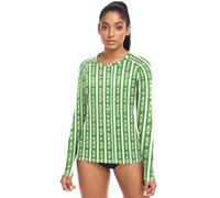 Camisas de senderismo con protección solar para mujer, respetuosas con la piel, protección solar UPF 50+, camiseta de natación XS, Trébol verde claro sobre rayas verdes, S
