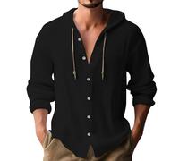 Camisas de sol con capucha para hombre, manga larga, algodón sólido y lino, sudadera con capucha de cuello redondo para hombre, Negro, 5XL