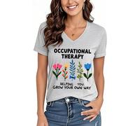 Camisas de terapia ocupacional para mujer, cuello en V, terapia ocupacional que te ayuda a crecer a tu manera, gris, S