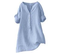 Camisas de verano de lino para mujer, manga 3/4, alta y baja, de algodón, para usar con leggings, informal, para club, manga acampanada, color sólido, camisa de gran tamaño, cuello alto, gasa, azul