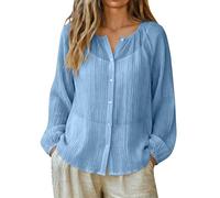 Camisas de verano de lino y algodón para mujer, ligeras, semitransparentes, con protección solar, color liso, manga globo, estilo casual, para vacaciones, azul claro, XXL