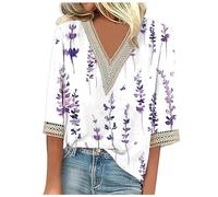 Camisas de verano de moda para mujer, manga 3/4, encaje, cuello en V, elegantes blusas de vacaciones, con estampado floral, color negro, Blanco, M