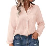 Camisas de vestir de manga larga con botones para mujer, de lino y algodón, blusas casuales de verano, blusas de trabajo con bolsillos, para primavera, verano, color liso, algodón y lino, plisadas, de