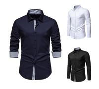 Camisas de vestir elásticas para hombre, de manga larga, para hombre, camisas de trabajo de manga larga, ajustadas, cuello a cuadros, camisa de ajuste muscular, con botones, sin arrugas, camisa