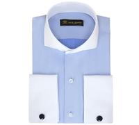 Camisas de Vestir para Hombre con puños franceses y Cuello Italiano | Gemelos incluidos | Camisa Formal de Lujo de Manga Larga para Hombre (Espina de Pescado, Azul Marino, M)