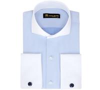 Camisas de Vestir para Hombre con puños franceses y Cuello Italiano | Gemelos incluidos | Camisa Formal de Lujo de Manga Larga para Hombre (Espina de Pescado, Azul, XL)