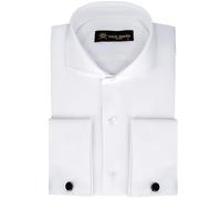 Camisas de Vestir para Hombre con puños franceses y Cuello Italiano | Gemelos incluidos | Camisa Formal de Lujo de Manga Larga para Hombre (Espina de Pescado, Blanco, S)