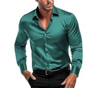 Camisas de vestir para hombre, elásticas, lisas, de seda, ajustadas, informales, de negocios, de manga larga, formal, con botones, sin arrugas, no necesita planchado, vestido de fiesta blanco para