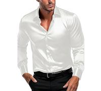 Camisas de vestir para hombre, elásticas, lisas, de seda, ajustadas, informales, de negocios, de manga larga, formal, con botones, sin arrugas, no necesita planchado, vestido de fiesta blanco para
