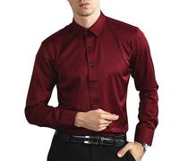 Camisas de vestir para hombre, elásticas, sin arrugas, de manga larga, ajuste regular, casual, formal, camisa ligera con botones para boda, cena, moda, color liso, camisas de trabajo, Vino, L