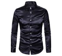 Camisas de vestir para hombres,Camisetas satén brillante de mangas largas, camisas ajustadas con botones textura suave anti-arrugas, blusas casuales con cuello alto sólido para bailes clubes nocturnos