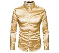 Camisas de vestir para hombres,Camisetas satén brillante de mangas largas, camisas ajustadas con botones textura suave anti-arrugas, blusas casuales con cuello alto sólido para bailes clubes nocturnos