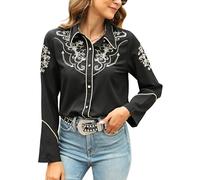 Camisas del lejano Oeste para Mujer, Vaquera, Sexy, Elegante, de Manga Larga, Bordadas, con Botones, Blusas Vaqueras para Mujer, Negro -, M