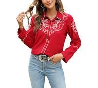 Camisas del lejano Oeste para mujer, vaquera, sexy, elegante, de manga larga, bordadas, con botones, blusas vaqueras para mujer, Vino, Large