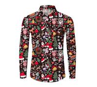 Camisas FEA Navidad Hombre Camisas FEA - de Solapa de Manga Larga con Estampado Navideño Informal A La Moda para (Black XXXL)